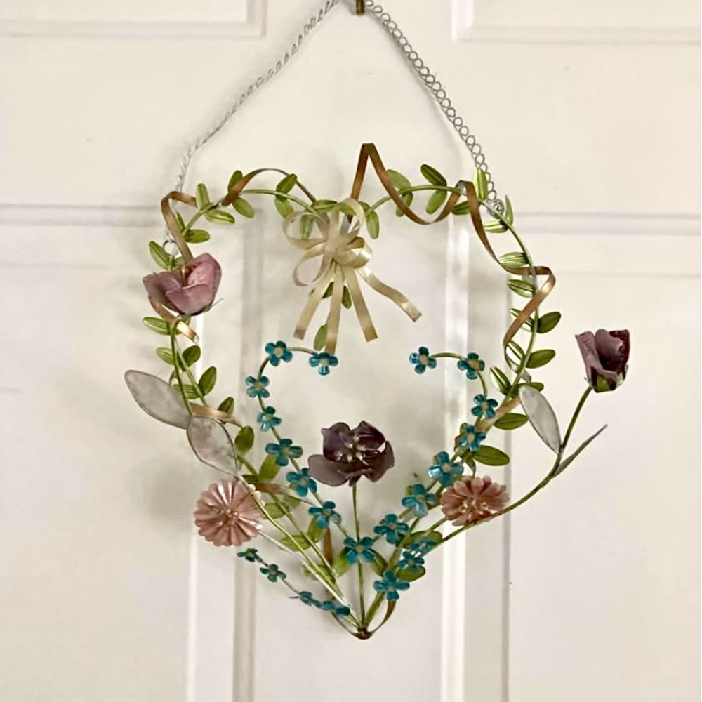 Floral Heart Wall Hanging with Pink and Blue Accents